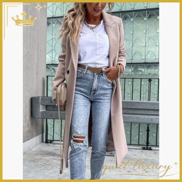 Long Wool Pea Coat Notch Lapel Classic Overcoat Fall Winter Jacket - Picture 2 of 4